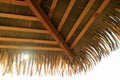 Sunlight shining through coconut palm tree leaf pavilion roof, Easter island, Chile Royalty Free Stock Photo