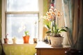 sunlight shining on potted orchids near window Royalty Free Stock Photo