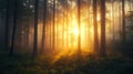 Sunlight shining through tall trees in a misty forest creating a magical and serene scene Royalty Free Stock Photo