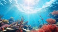 Sunlight shining through warm clear water, illuminating exotic underwater landscape with colorful coral riffs. Generative AI