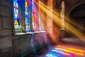 sunlight streaming through a colorful, intact stainedglass window