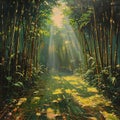 Sunlight streaming through a dense bamboo grove Royalty Free Stock Photo