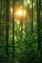 Sunlight streaming through a dense bamboo grove Royalty Free Stock Photo