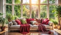 Sunlight streaming through a large bay window illuminates a plush sofa adorned with colorful throw pillows and blankets, creating Royalty Free Stock Photo