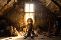 sunlight streaming onto a broken doll in the attic