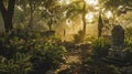 Sunlight Streaming Through Trees In A Peaceful Cemetery Adorned With American Flags Royalty Free Stock Photo