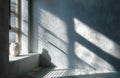 Sunlight streaming through window blinds, creating shadows on wall Royalty Free Stock Photo