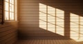 Sunlight Streaming Through Window Casting Grid Shadows on Wooden Wall Royalty Free Stock Photo