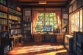 Sunlight streaming through window highlights elegant home office with classic desk, bookshelves, computer, and printer, creating a