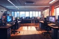 Sunlight streaming through window highlights elegant home office with classic desk, bookshelves, computer, and printer, creating a