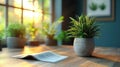 Sunlight Streaming Through Window Illuminates a Table with Plants and a Book Royalty Free Stock Photo