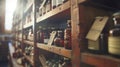 Sunlight streams into an antique pharmacy, illuminating the dust motes and the rows of medicinal bottles on wooden