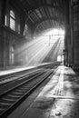 Sunlight streams through an arched window, illuminating a grand, empty train station, casting dramatic shadows and highlighting