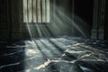 Sunlight streams through a broken window in an ancient hall with cracked marble floor Royalty Free Stock Photo
