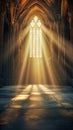 Sunlight streams through a church's stained glass window, casting a divine glow across the stone floor