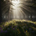 Sunlight streams through a dense forest of coniferous trees, creating beams that Royalty Free Stock Photo