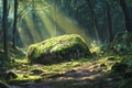 Sunlight streams through a dense forest onto a moss covered rock and path Royalty Free Stock Photo