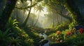 Lush tropical rainforest with sunbeams and a gentle stream Royalty Free Stock Photo