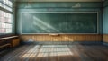 Sunlight streams into an empty classroom with chalkboard, wooden floors reflect soft light. educational setting awaiting Royalty Free Stock Photo