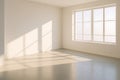 Sunlight streams into an empty, white walled room through a large window in a minimalist style Royalty Free Stock Photo