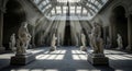 Sunlight streams through grand hallway filled with ancient statues Royalty Free Stock Photo