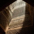 Sunlight streams through an intricately carved structure, highlighting the exquisite Royalty Free Stock Photo