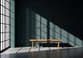Sunlight streams through large grid windows casting dramatic geometric shadows onto a minimalist wooden bench and floor Royalty Free Stock Photo