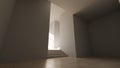 Sunlight streams through large windows, illuminating a minimalist hallway with smooth walls and a staircase. clean lines and