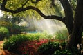 Sunlight streams into a lush garden