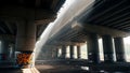 Sunlight streams through massive concrete bridge supports adorned with vibrant graffiti art in an urban underpass setting Royalty Free Stock Photo