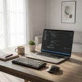 A Serene and Modern Programmer\'s Workspace Bathed in Soft Window Light Royalty Free Stock Photo