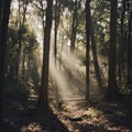 Sunlight Rays Through Forest Trees, Misty Woodland Path, Nature Background Royalty Free Stock Photo
