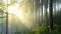 Sunlight streams through a misty forest, illuminating the tall trees and lush undergrowth Royalty Free Stock Photo