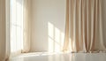 Sunlight streams through sheer ivory curtains creating soft window shadows on a plain wall. Elegant fabric drapes gracefully from Royalty Free Stock Photo