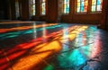 Sunlight streams through stained glass windows in old cathedral casting colorful light patterns on stone floor. Abstract light Royalty Free Stock Photo
