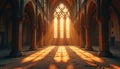 Sunlight streams through stained glass windows in old church. Columns line the spacious interior hall. Light patterns illuminate Royalty Free Stock Photo