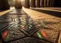 Sunlight streams through tall columns casting dramatic geometric shadows across an intricately patterned stone floor creating a Royalty Free Stock Photo