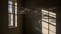 Sunlight streams through a dusty window casting dramatic shadows of empty clothes hangers on a dark wall Royalty Free Stock Photo