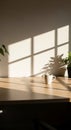 Sunlight streams through a window, casting grid-like shadows on a wall and light- Royalty Free Stock Photo
