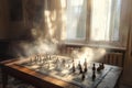 A chessboard with scattered pieces illuminated by sunlight in a quiet room during mid-game Royalty Free Stock Photo