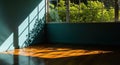 Sunlight streams through window grids casting warm patterns on wooden floor indoors Royalty Free Stock Photo
