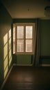 Sunlight streams through window in an old building with green walls and a radiator. Royalty Free Stock Photo