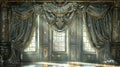 Sunlight streams through a window with ornate curtains in a grand room Royalty Free Stock Photo