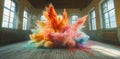 Sunlight streams through the windows, illuminating an empty room with a dazzling array of colors