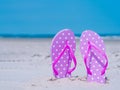 Sunlight Summer composition. Beach flip flops on tropical ocean sand. against blue sea and sky background. Beach Accessories Royalty Free Stock Photo