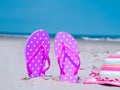 Sunlight Summer composition. Beach flip flops on tropical ocean sand. against blue sea and sky background. Beach Accessories Royalty Free Stock Photo