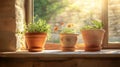 Sunlight on terracotta pots in kitchen nook . Royalty Free Stock Photo