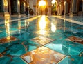 Sunlight on tiled floor mosque hallway figures walking architectural Royalty Free Stock Photo