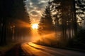 Sunlight Through Trees on Foggy Road