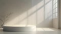 Sunlight from the window casts a shadow on a light wall.Empty simple background for presentation with wall and podium. Interior of Royalty Free Stock Photo